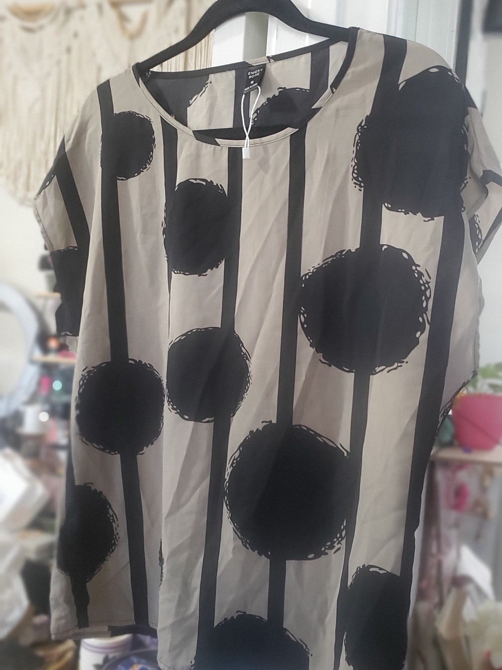 Casual Taupe Tunic with Bold Black Graphic Dots